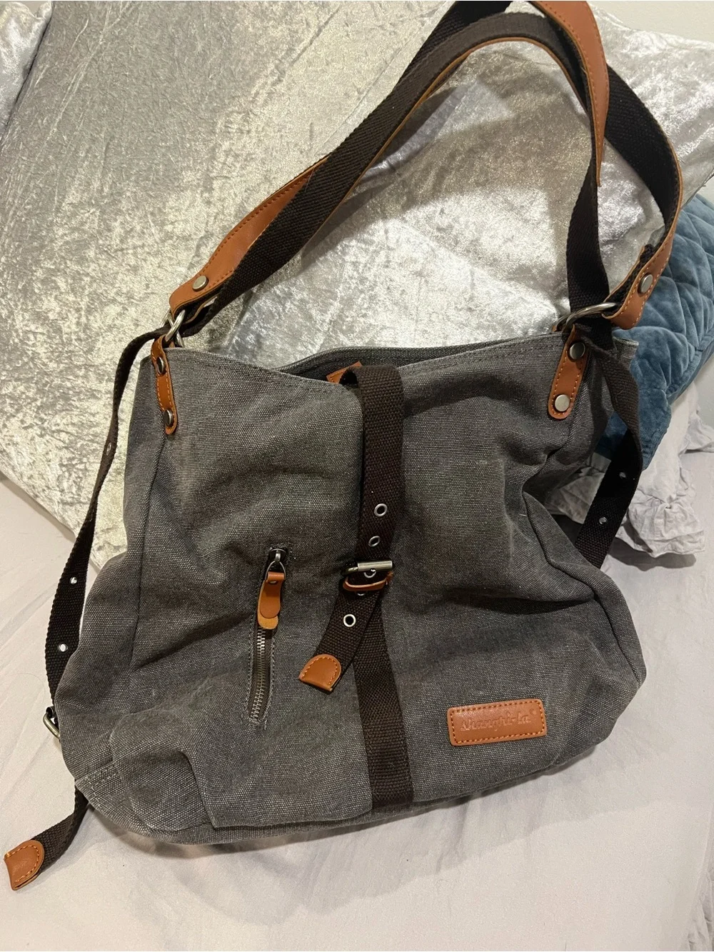 Shangri-La Canvas Shoulder Bag with Leather Like Trim - Gray